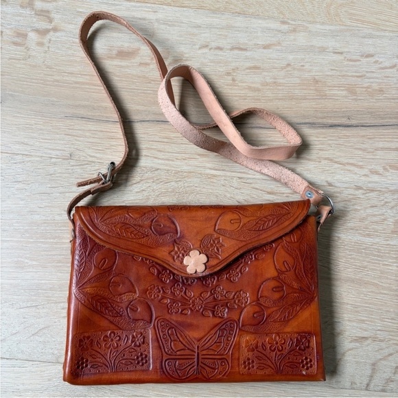 Handbags - Hand Tooled Leather Crossbody Bag Floral Butterfly Bohemian Western Purse *L13